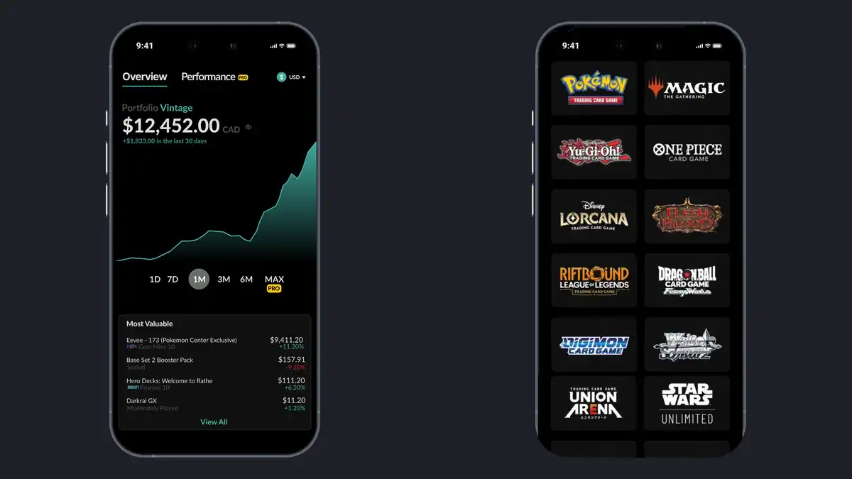 Collectr app portfolio dashboard and supported trading card games screens