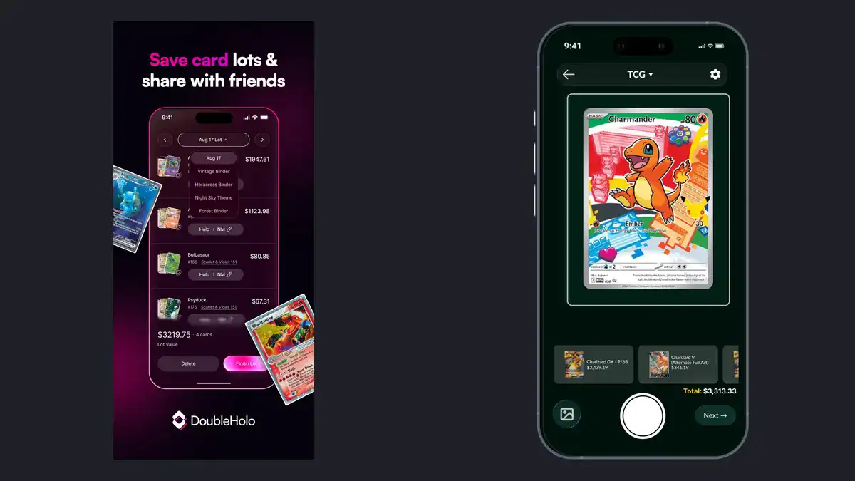 Double Holo lot tracking screen next to the Collectr card scanner