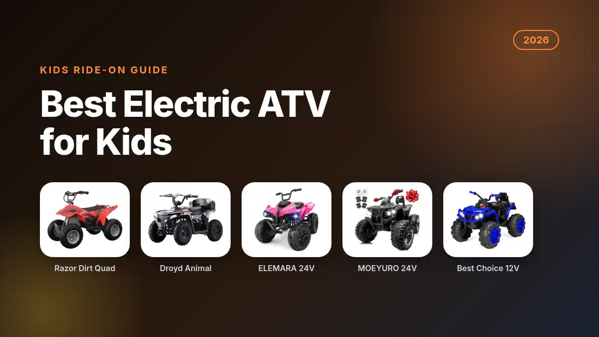 Best electric ATV for kids 2026 featured image showing the Razor Dirt Quad, Droyd Animal, ELEMARA, MOEYURO and Best Choice Products kids quads