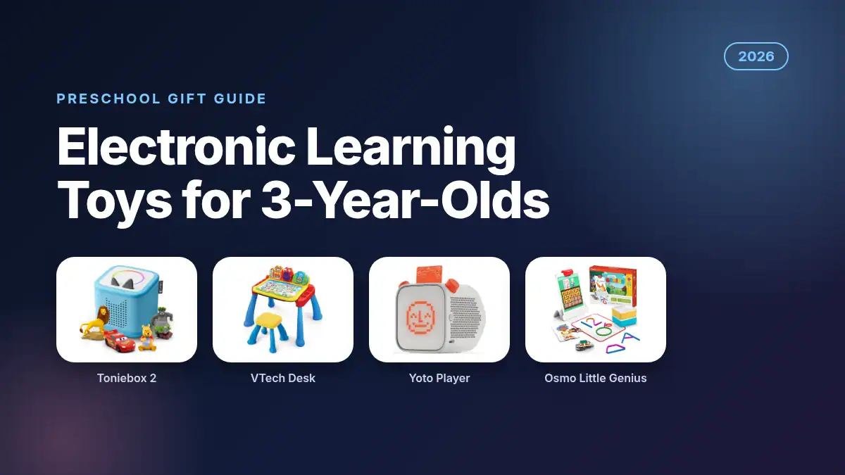 Best electronic learning toys for 3-year-olds 2026 featuring the Toniebox 2, VTech Touch and Learn Activity Desk, Yoto Player and Osmo Little Genius