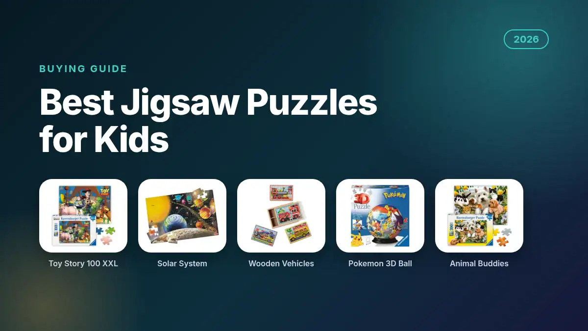 Best jigsaw puzzles for kids 2026 featured image showing a Ravensburger Toy Story puzzle, a Melissa and Doug solar system floor puzzle, wooden vehicle puzzles, a Pokemon 3D puzzle ball and an animal 300 piece puzzle