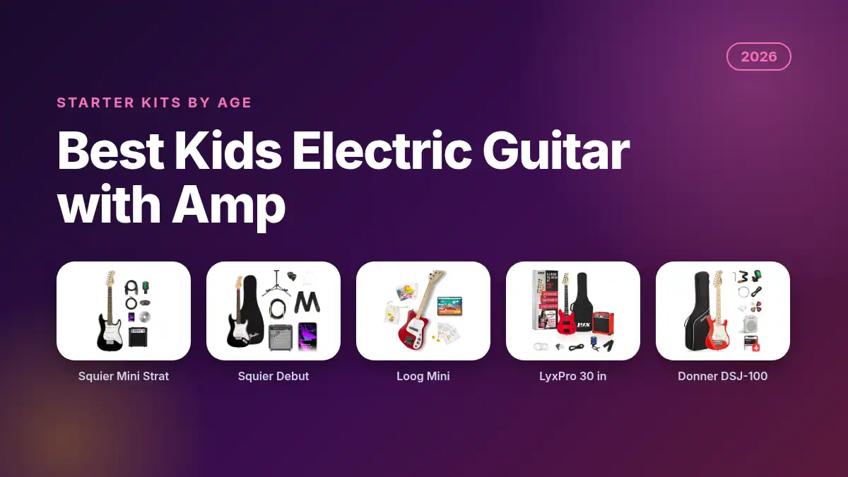 Best kids electric guitar with amp 2026 featuring Squier Mini Strat, Squier Debut, Loog, LyxPro and Donner kits