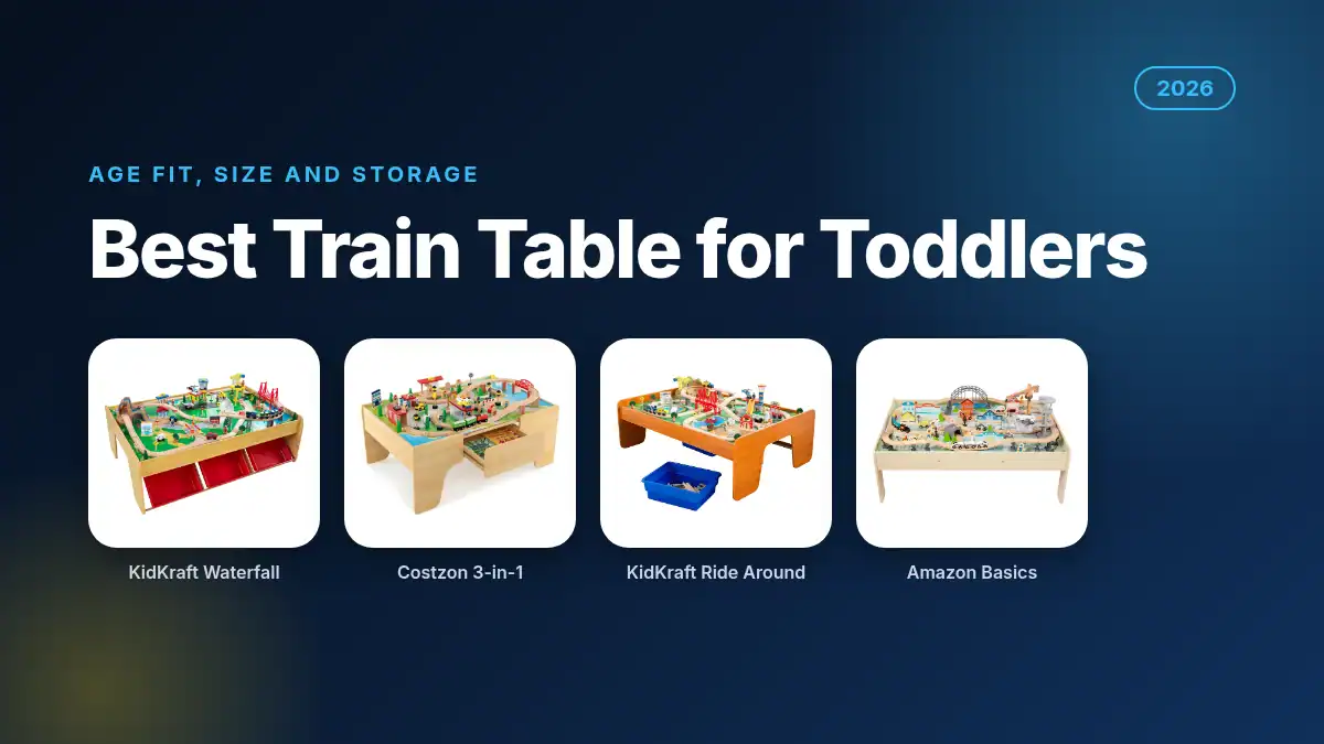 Best train table for toddlers 2026 featuring KidKraft Waterfall Mountain, Costzon 3-in-1, KidKraft Ride Around Town and Amazon Basics wooden train tables