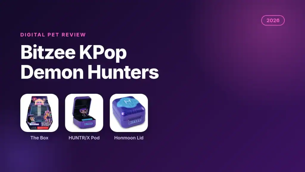 Bitzee KPop Demon Hunters review 2026 featured image showing the box, HUNTR/X pod and Honmoon lid