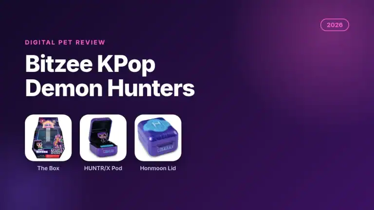 Bitzee KPop Demon Hunters review 2026 featured image showing the box, HUNTR/X pod and Honmoon lid