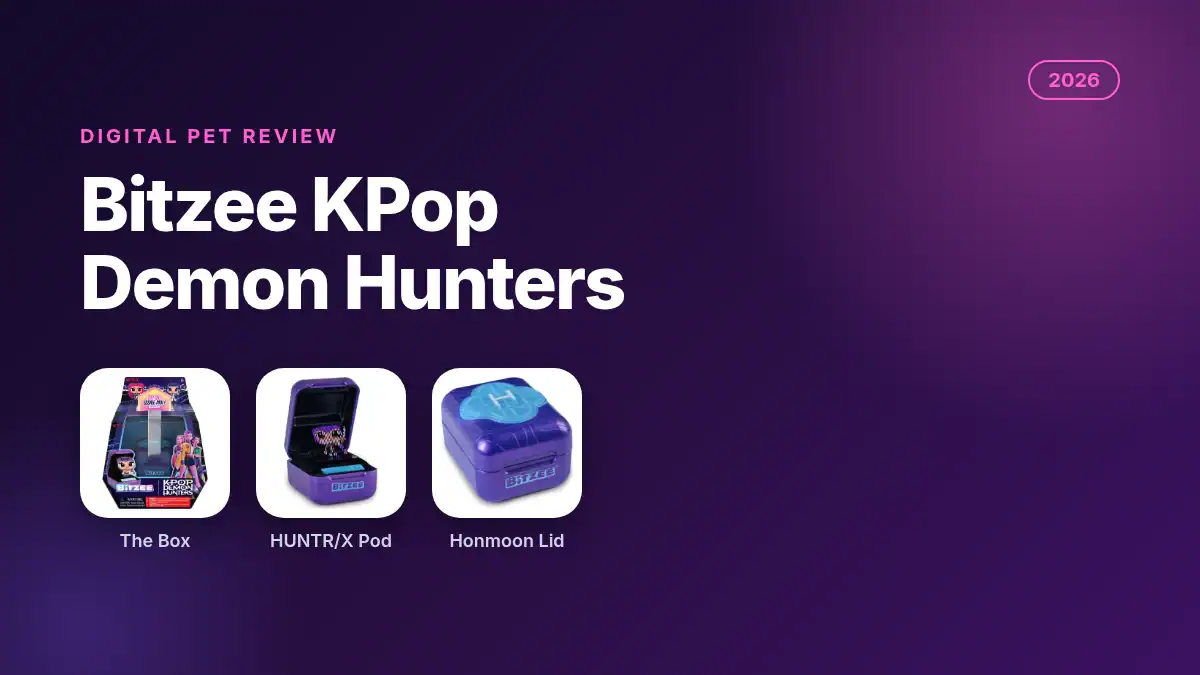 Bitzee KPop Demon Hunters review 2026 featured image showing the box, HUNTR/X pod and Honmoon lid