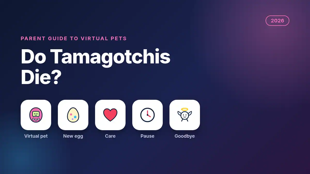 Do Tamagotchis die 2026 parent guide with virtual pet, new egg, heart, clock and angel icons