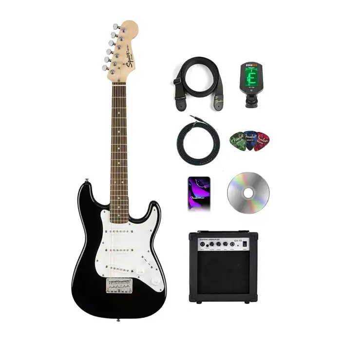 Fender Squier 3/4 size kids Mini Strat electric guitar bundle with amp, rated 4.7 out of 5 in our best kids electric guitar guide