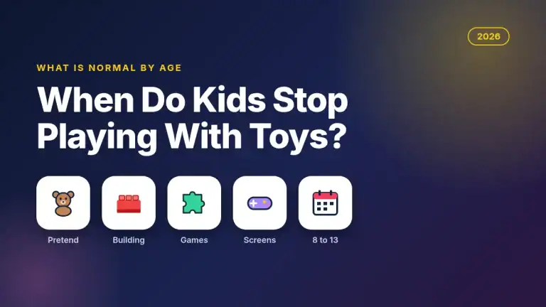When do kids stop playing with toys 2026 guide by age with teddy bear, building brick, puzzle, game controller and calendar icons